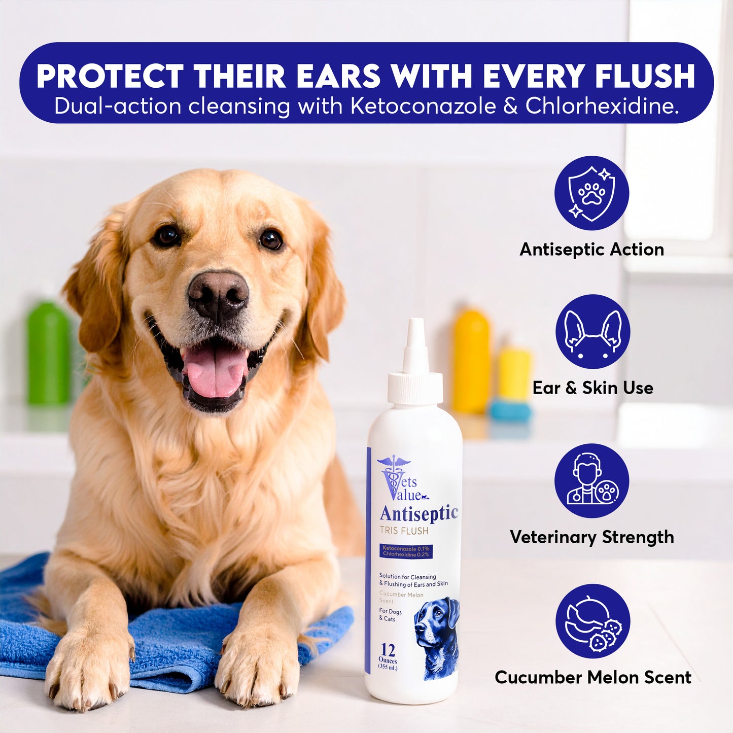 Veterinary Ear Flush for Dogs and Cats (XL 355ml Bottle) - Clear Therapy Cleaner Alcohol-Free, Itch-Relief Yeast Infections, Supports Healthy Canals - Optimized Solution Dog Washing, White/Clear